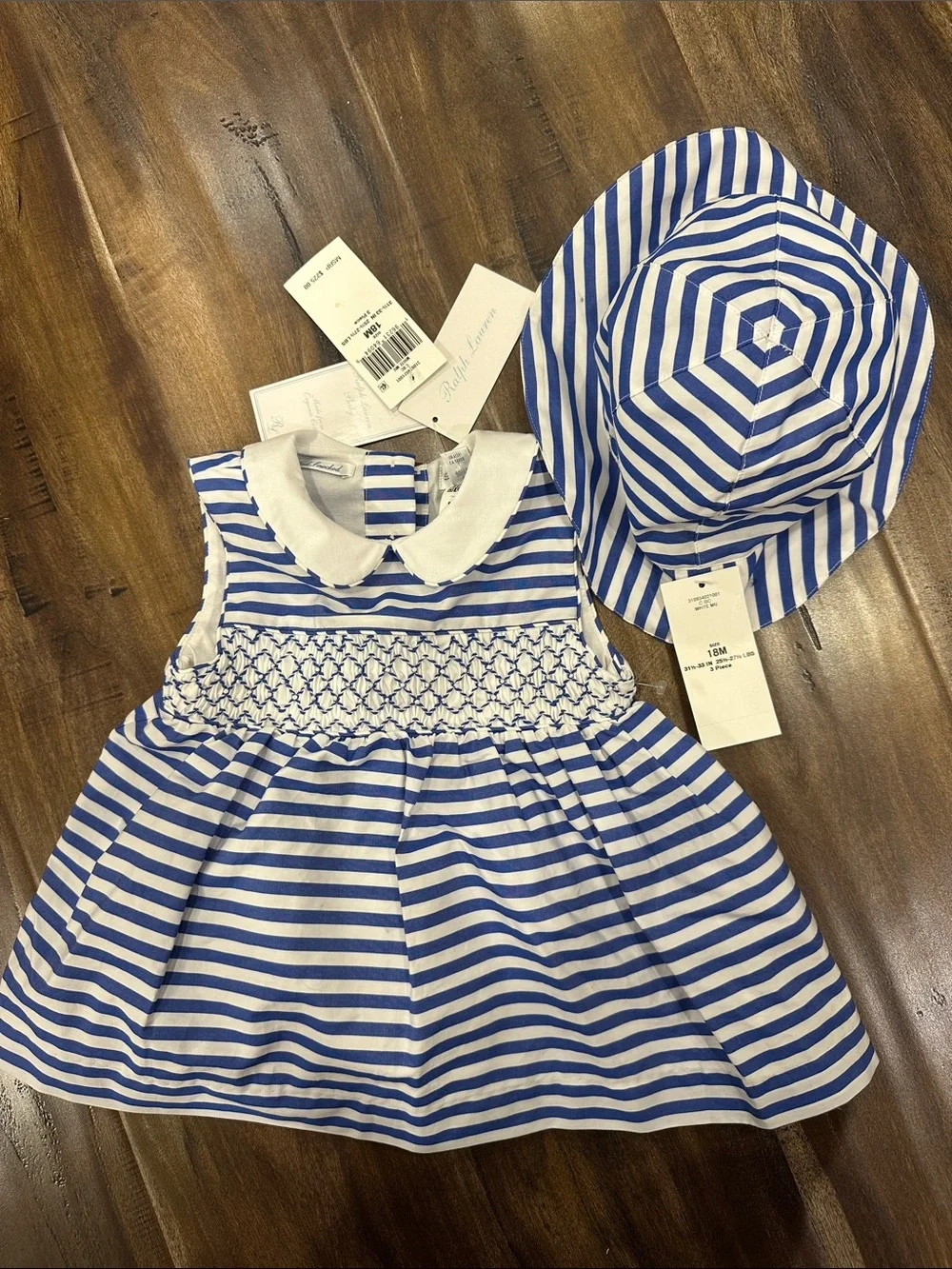 NWT Ralph Lauren Baby 18M Hand Smocked Dress /Sun Hat Blue Stripe Organic Cotton